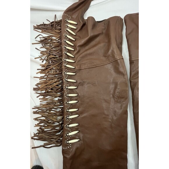Vintage Sunrider Brown Fringe Beaded Chaps Size XXL Motorcycle Western Leather - Picture 2 of 14